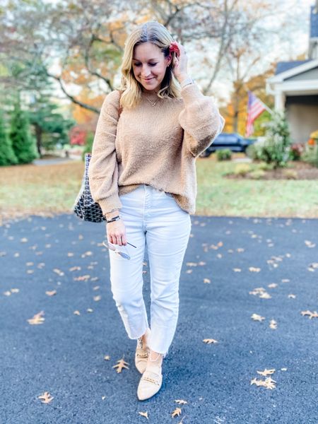 Perfect neutral outfit. Cream jeans and camel fuzzy sweater. Tan chain mules and a neutral tote. Perfect for work or a night out! 

#LTKSeasonal #LTKsalealert #LTKstyletip