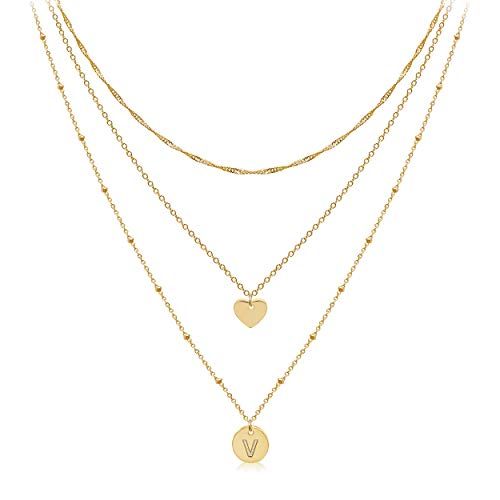 Aisansty Dainty Layered Initial Choker Necklaces Handmade 14K Gold Plated Tiny Heart Personalized... | Amazon (US)