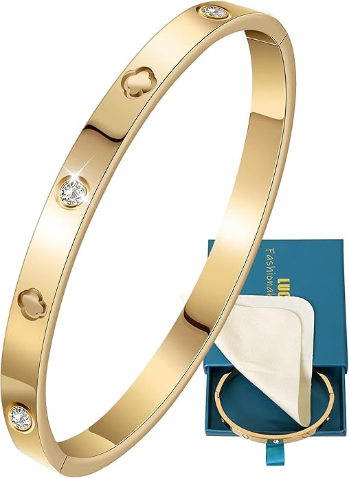 Hinge Bangle Bracelet Stainless Steel 18K Gold Plated with Love 5A Grade Cubic Zirconia, Friendsh... | Amazon (US)