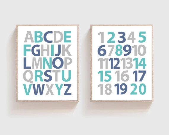 Boy Alphabet and Numbers Print, Alphabet wall art, Baby Boy Nursery Wall Art, 123 & ABC Gray Blue... | Etsy (US)