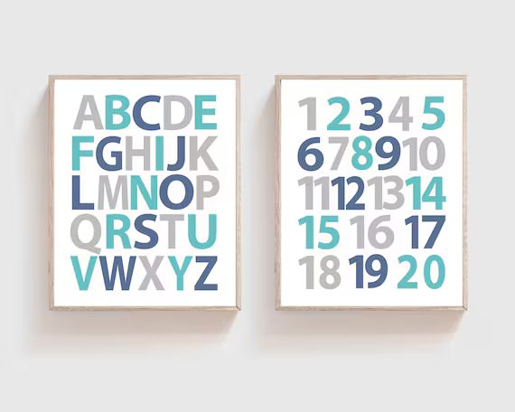 Boy Alphabet and Numbers Print, Alphabet wall art, Baby Boy Nursery Wall Art, 123 & ABC Gray Blue... | Etsy (US)