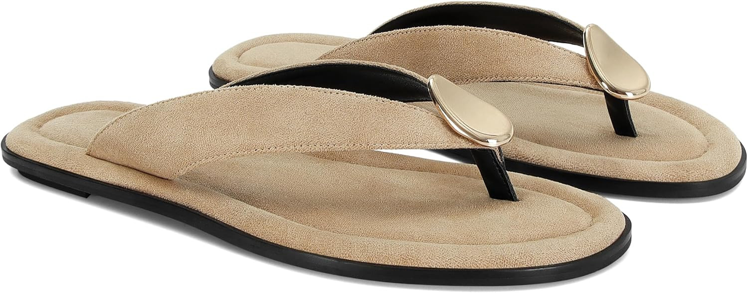 Women’s Suede Thong Sandals Flat Flip Flops with Metal Accent Slip On Comfortable Casual Summer Beach Dress Sandals | Amazon (US)
