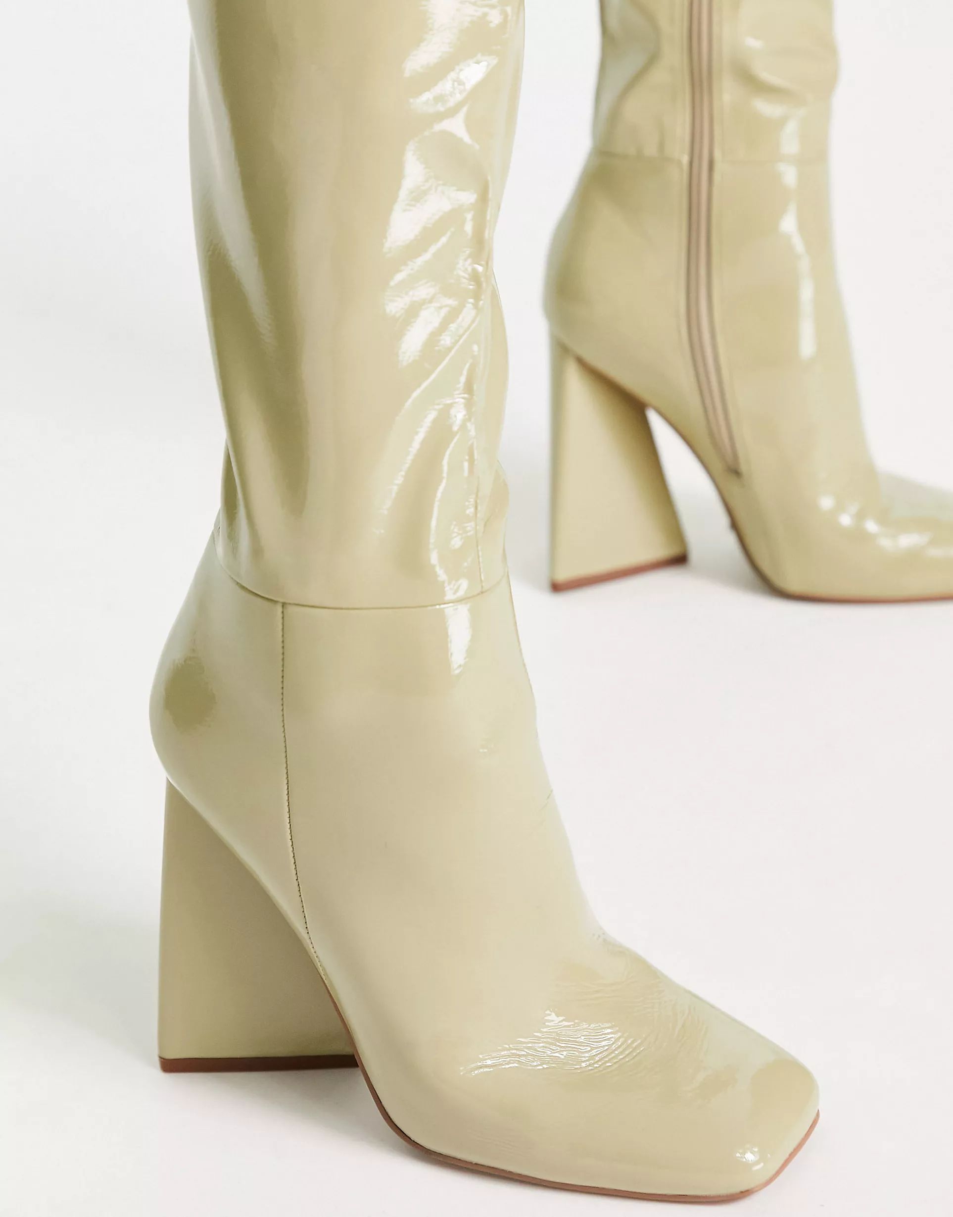 ASOS DESIGN Clara high-heeled knee boots in sage patent | ASOS (Global)