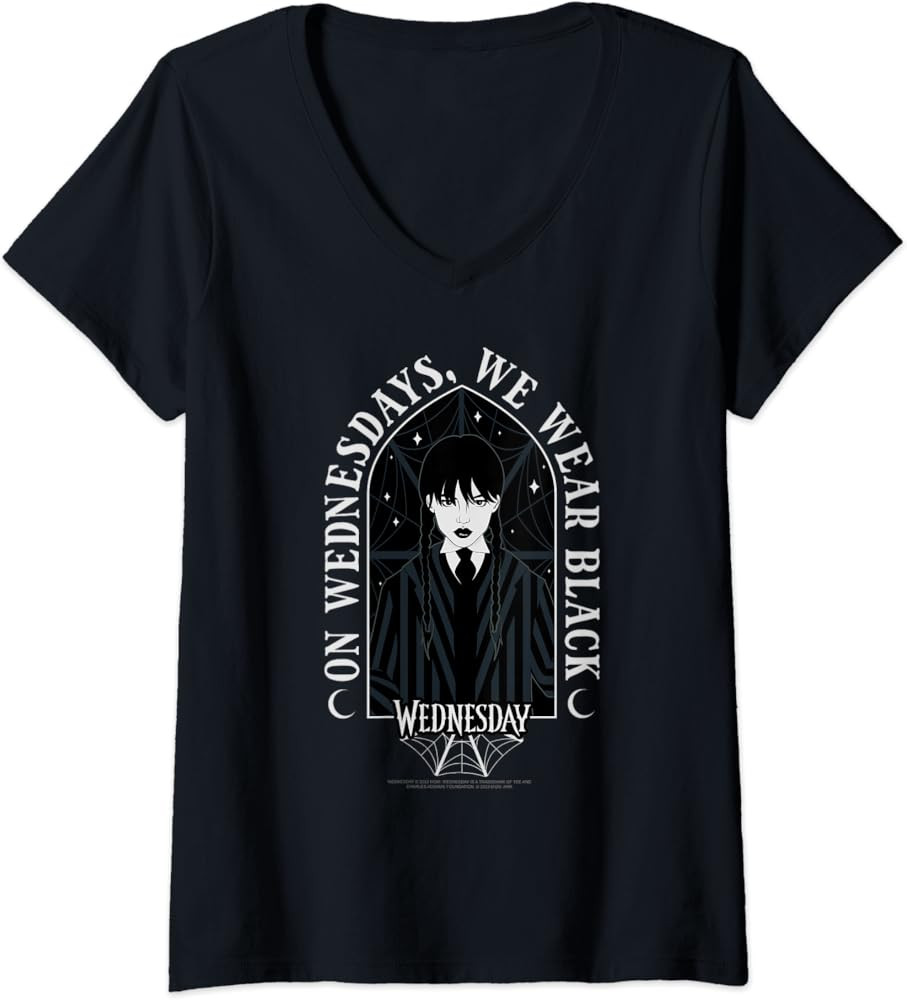 Womens Wednesday On Wednesdays We Wear Black Goth Portrait V-Neck T-Shirt | Amazon (US)