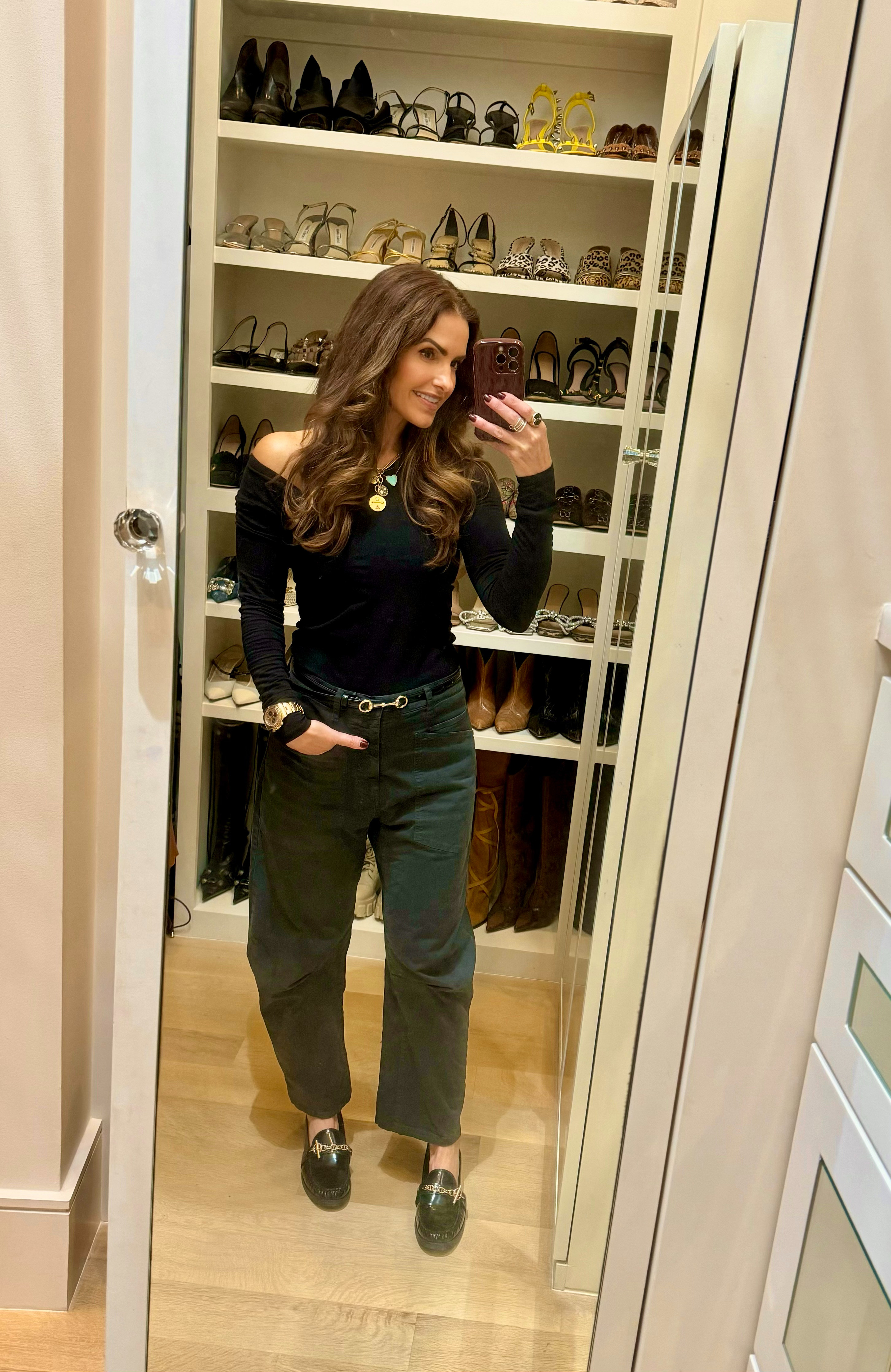 headed off for a much needed date night (file this one under cool girl #holdiayattire) after a long day of work

wearing my new oh so comfy must-have loafers (& you won't believe the price) 

that also come in gold + fav pants (I own in several colors) & chic off-the-shoulder top that comes in 2 colors & is my fav brand bc if fit & softness too 🖤 

 #LTKHoliday #LTKFindsUnder100 #LTKShoeCrush