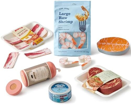 Tiny Land Organic Play Food Set - 6PCS Wooden Seafood & Meat Toy Set for Kids, Pretend Grocery fo... | Amazon (US)