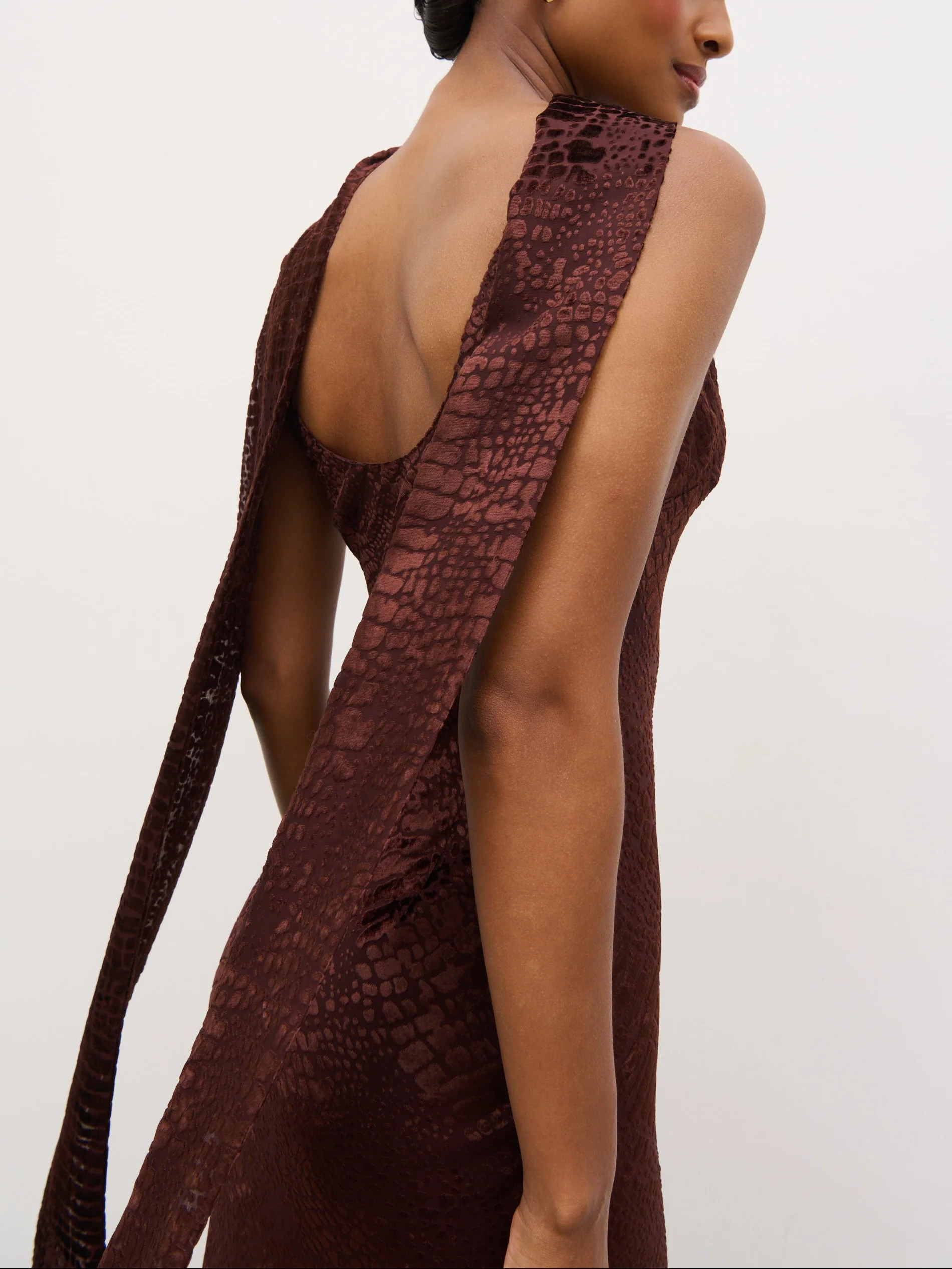 Ainsley Cowl Devore Neck Maxi Slip - Brown | Pretty Lavish (UK)