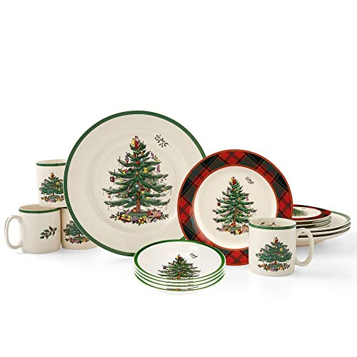 Spode Christmas Tree 16-Piece Tartan Dinnerware Set (Service for 4) - Festive Holiday Tableware with Plates, Bowls, Mugs - Porcelain Christmas Dinnerware - Microwave & Dishwasher Safe | Amazon (US)