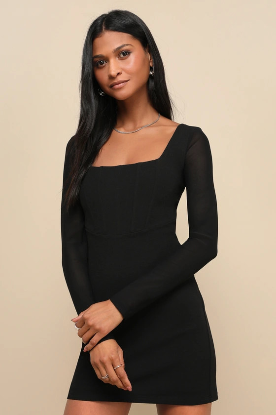 Flirty Delight Black Long Sleeve Bustier Mini Dress | Lulus