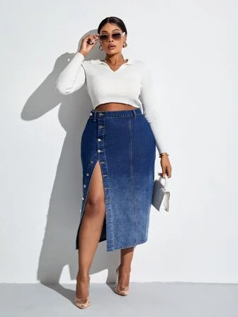 SHEIN SXY Plus Ombre High Waist Single Breasted Denim Skirt | SHEIN