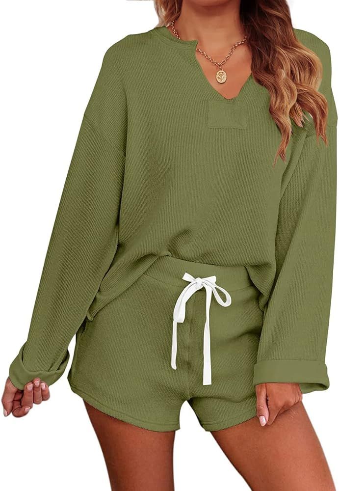 MEROKEETY Women's Long Sleeve Pajama Set Henley Knit Tops and Shorts Sleepwear Loungewear | Amazon (US)