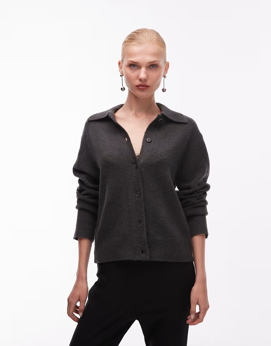 ASOS DESIGN knit collared cardigan in charcoal-Gray | ASOS (Global)