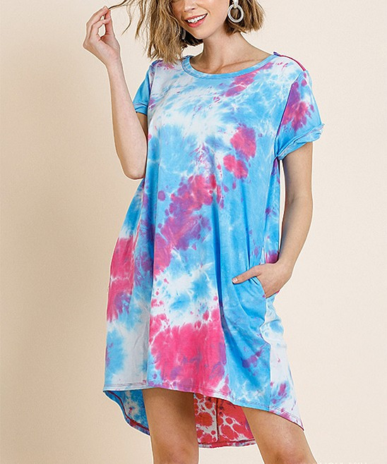 SBS Fashion Women's Casual Dresses Aqua - Aqua Mix Tye-Dye Cuff-Sleeve Round Neck Shift Dress - Wome | Zulily