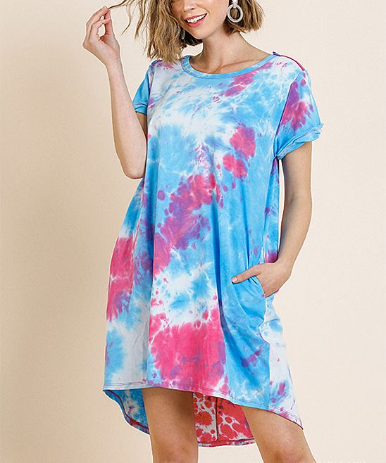 SBS Fashion Women's Casual Dresses Aqua - Aqua Mix Tye-Dye Cuff-Sleeve Round Neck Shift Dress - Wome | Zulily