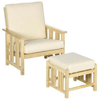 Outsunny Patio Furniture Set, Wood Outdoor Patio Chair with Ottoman, 2 Piece Cushioned Outdoor Lounge Chair, Sofa Chair with Footrest, Beige | Target