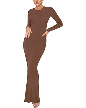 REORIA Women's Sexy Crew Neck Lounge Long Dress Elegant Long Sleeve Ribbed Bodycon Maxi Dresses | Amazon (US)