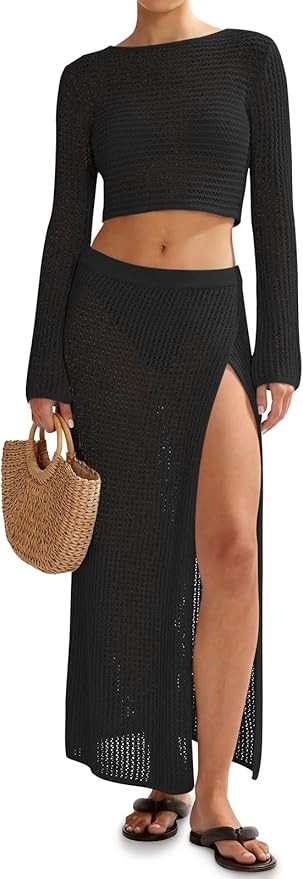 Saodimallsu Womens Crochet Beach Cover Ups Set 2 Piece 2026 Boat Neck Crop Long Sleeve Tops High ... | Amazon (US)