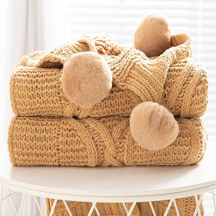 Chunky Knit Blanket with pom poms- Thick, Soft, Big, Cozy Throw Blankets for Couch, Bed, Sofa, Ch... | Amazon (US)