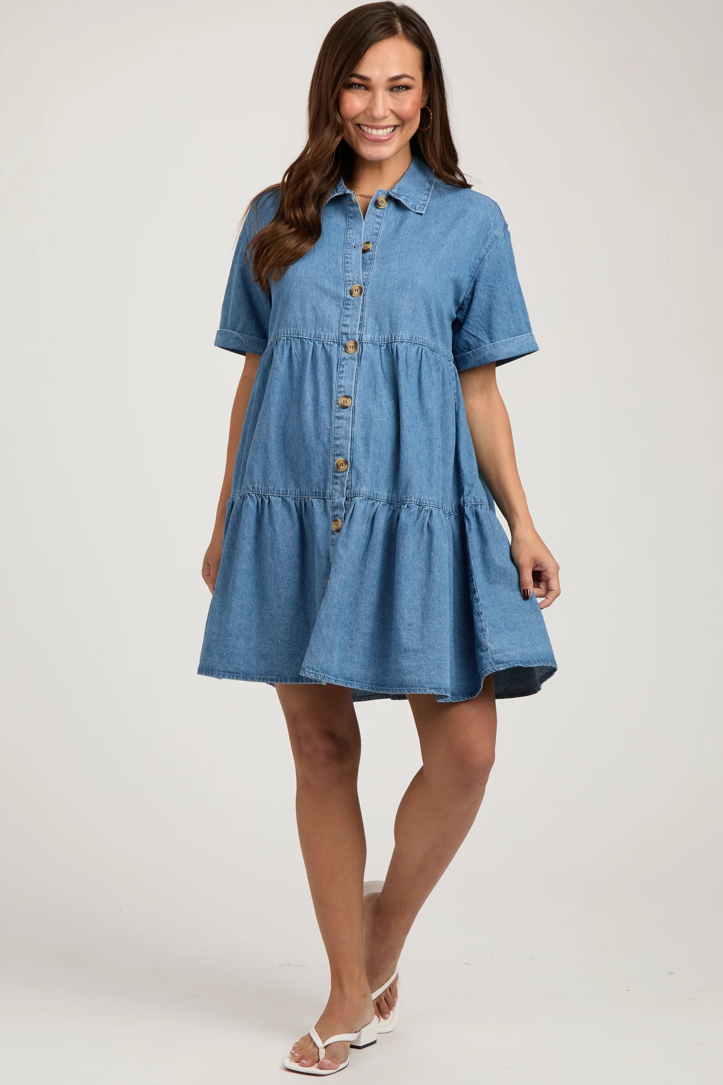 Blue Denim Button Down Tiered Maternity Dress | PinkBlush Maternity