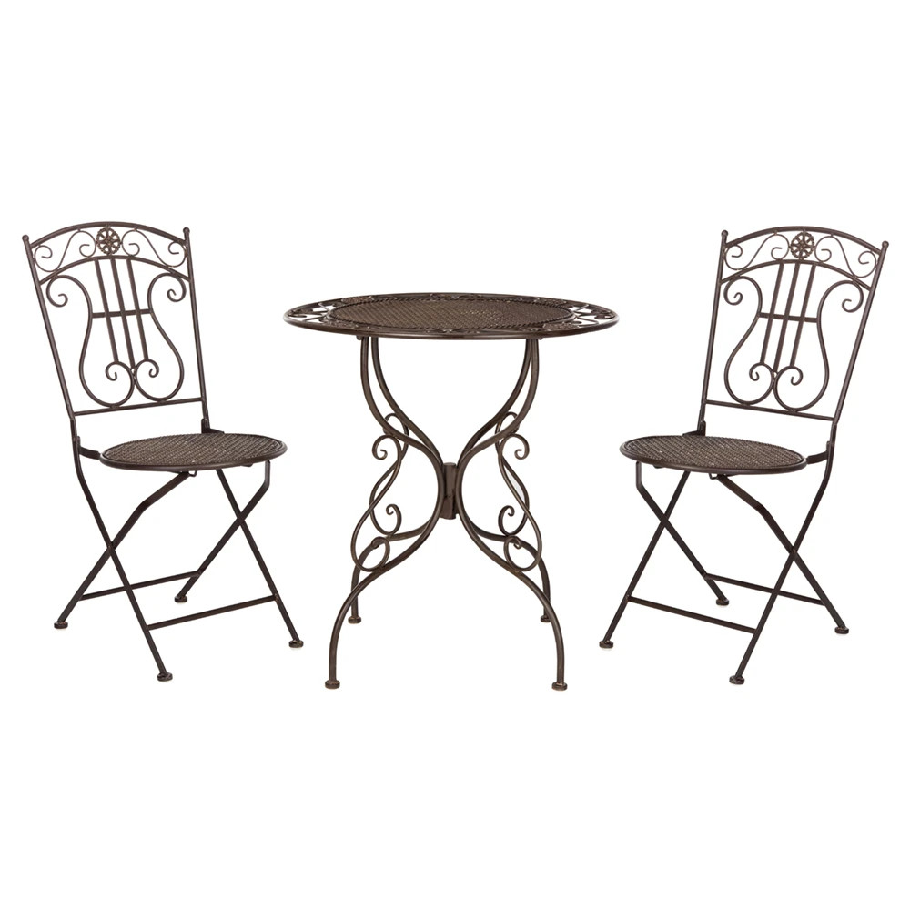 Sara French Country Antique Brown Iron 3 Piece Outdoor Bistro Dining Set | Kathy Kuo Home