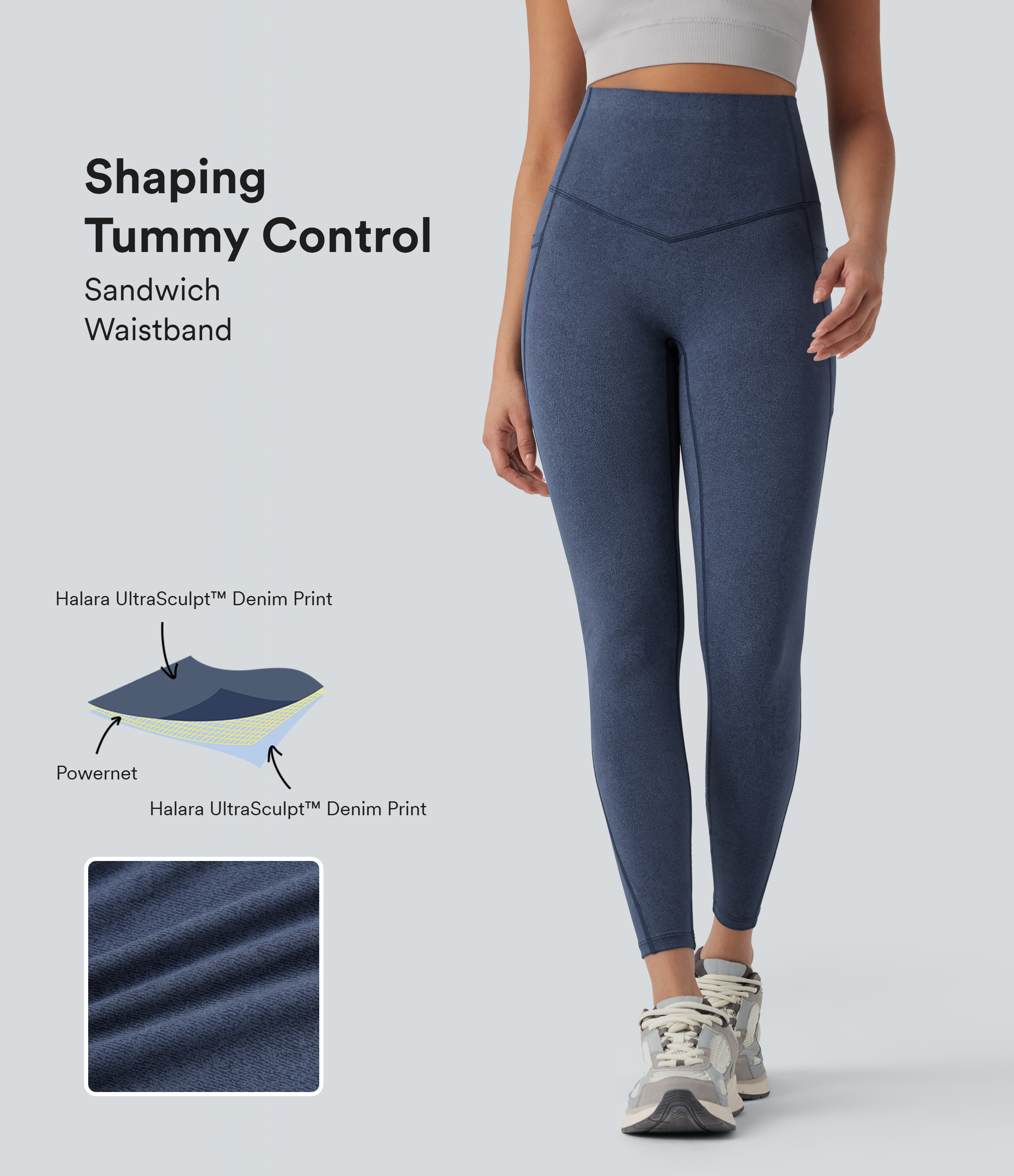 Halara Halara UltraSculpt™ Denim Print SoCinched High Waisted Tummy Control Yoga Leggings with Pockets - Blue Fade - XL(7/8) gym leggings | HALARA