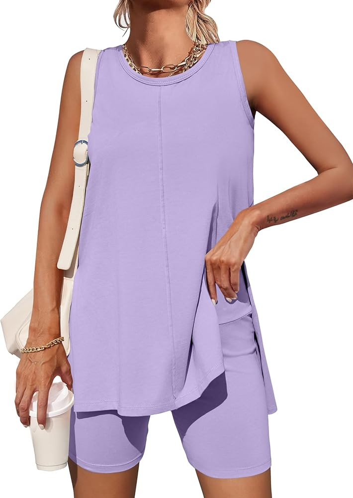 Esobo Women's Summer 2 Piece Outfits Sleeveless High Low Spilt Hem Tank Top Biker Shorts Sets Lou... | Amazon (US)