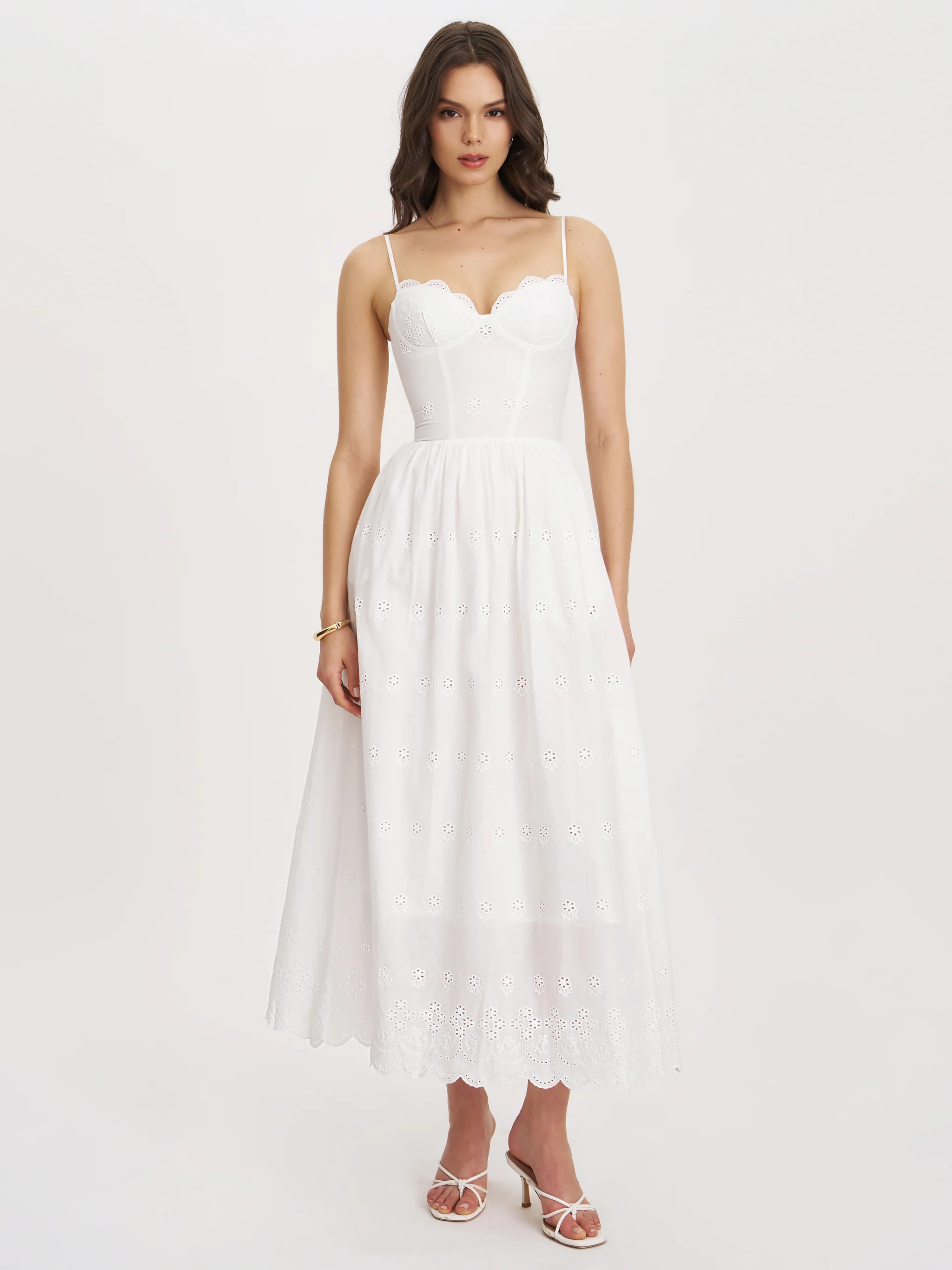Oberon White Cotton Eyelet Lace-Up Back Maxi Dress | Miss Circle