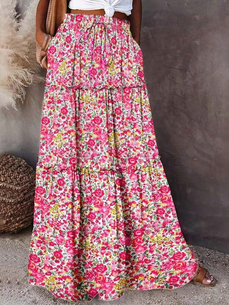 Women's Floral Print Layered Ruffle Hem Casual Vacation/Summer Boho Style Skirt | SHEIN