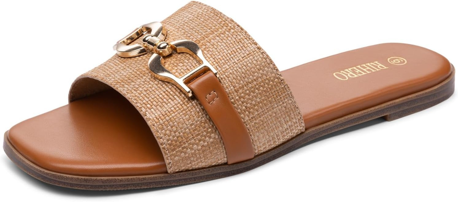 Rihero Women's Flat Sandals Summer Comfortable Square Open Toe Slip On Leather Slide Sandals | Amazon (US)