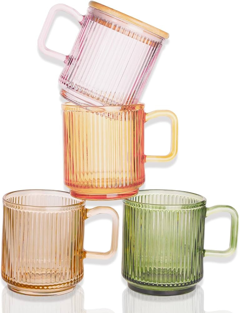 Ribbed Glass Coffee Mug with bamboo lids and handle, so cute, 12oz Tea Drinking Glasses, Fluted D... | Amazon (US)