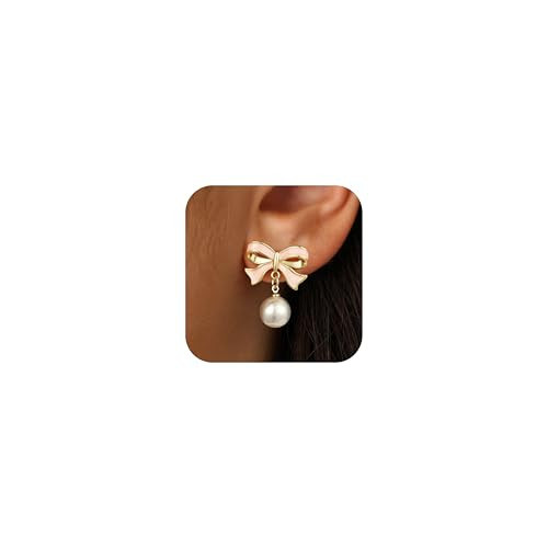JIAOGE Pink Earrings for Women - Pink Pearl Drop Earrings for Girls Stuff Gold Studs Earrings for Women Jewelry Gold Bow Earring Dainty Hypoallergenic Earrings Birthday Gifts for Girls Women Gifts | Amazon (US)