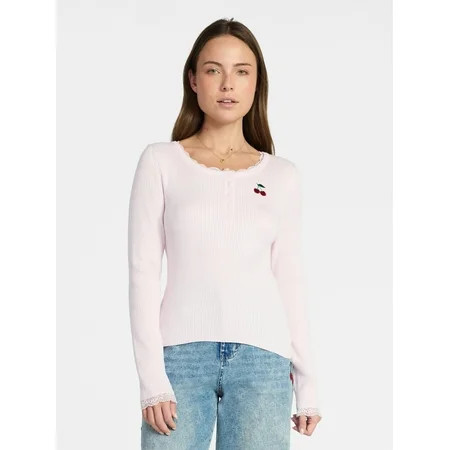 Madden NYC Women s Lace Trim Long Sleeve Henley Top Sizes XXS-XXL | Walmart (US)