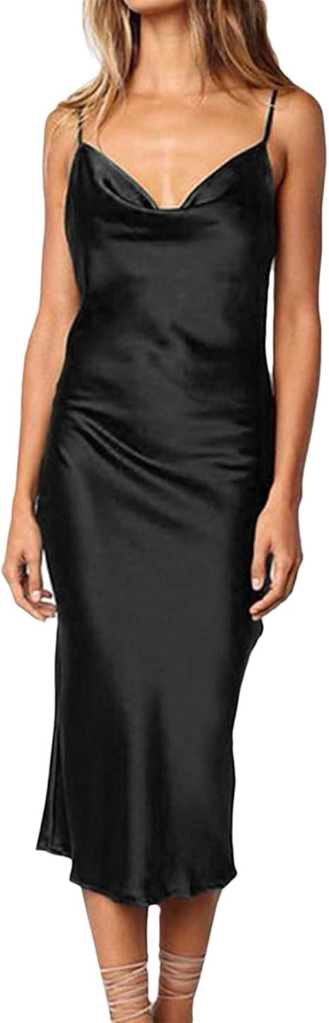 xxxiticat Women's Sleeveless Spaghetti Strap Satin Dress Cocktail Beach Evening Party Cowl Neck D... | Amazon (US)