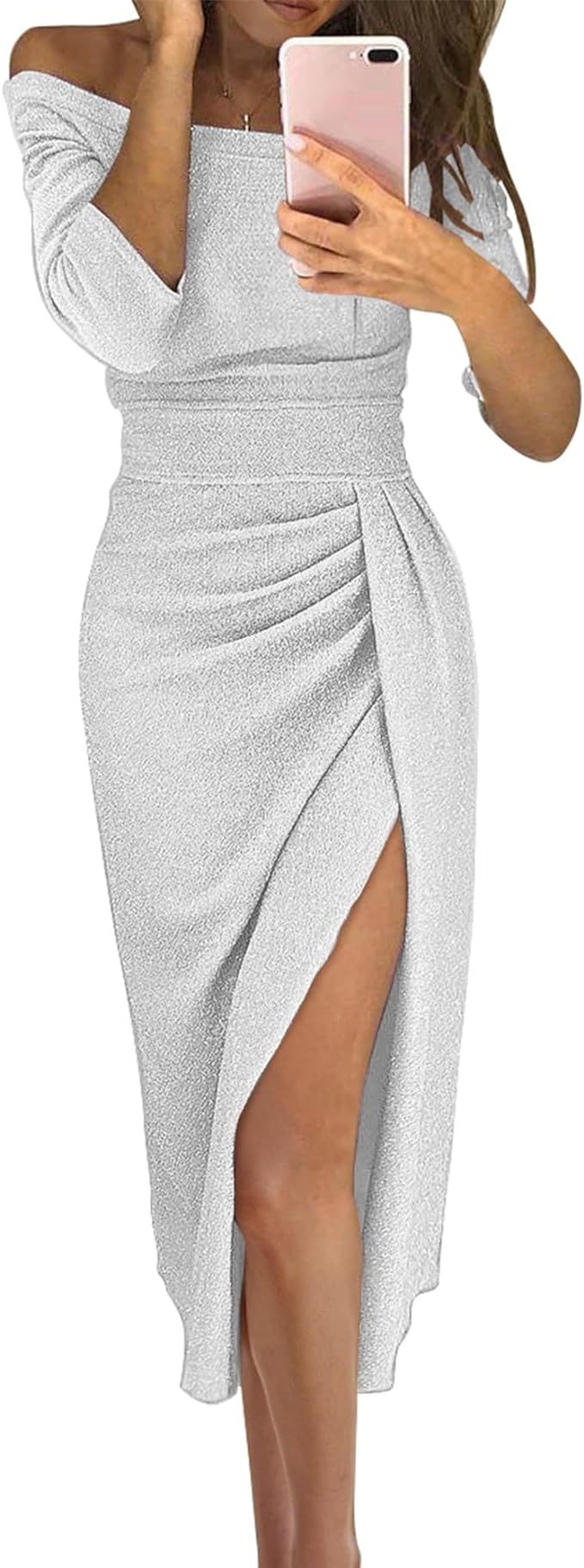 BTFBM Women Off Shoulder Bodycon Dresses Long Sleeve Ruched Slit Glitter Ball Gown Cocktail Party... | Amazon (US)