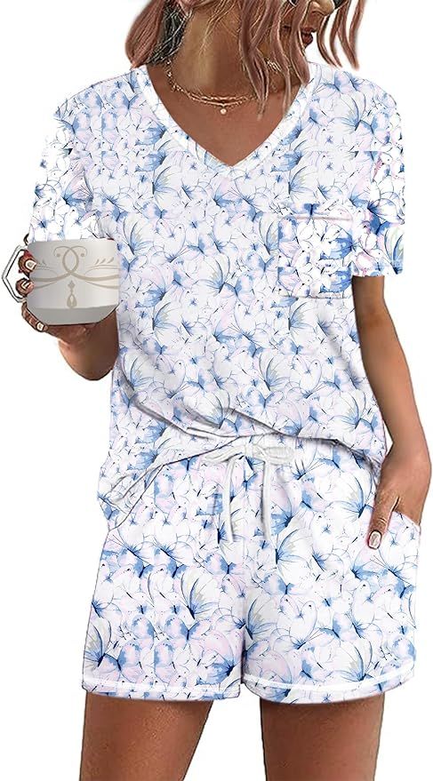 Ekouaer Women's Pajamas Sets Short Sleeve Lounge Sets Sleepwear Casual Two Piece Pjs With Pockets | Amazon (US)