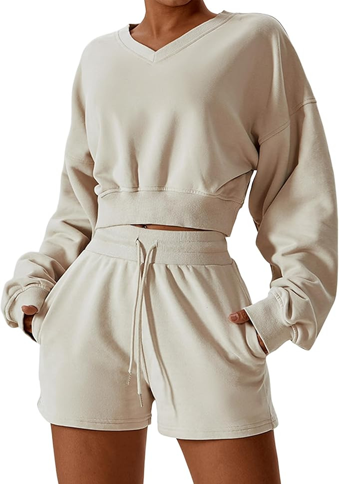 Meladyan Women Two Piece Outfits Tracksuit Half Zip Lapel Cap Sleeve Sweatshirt High Waist Drawst... | Amazon (US)