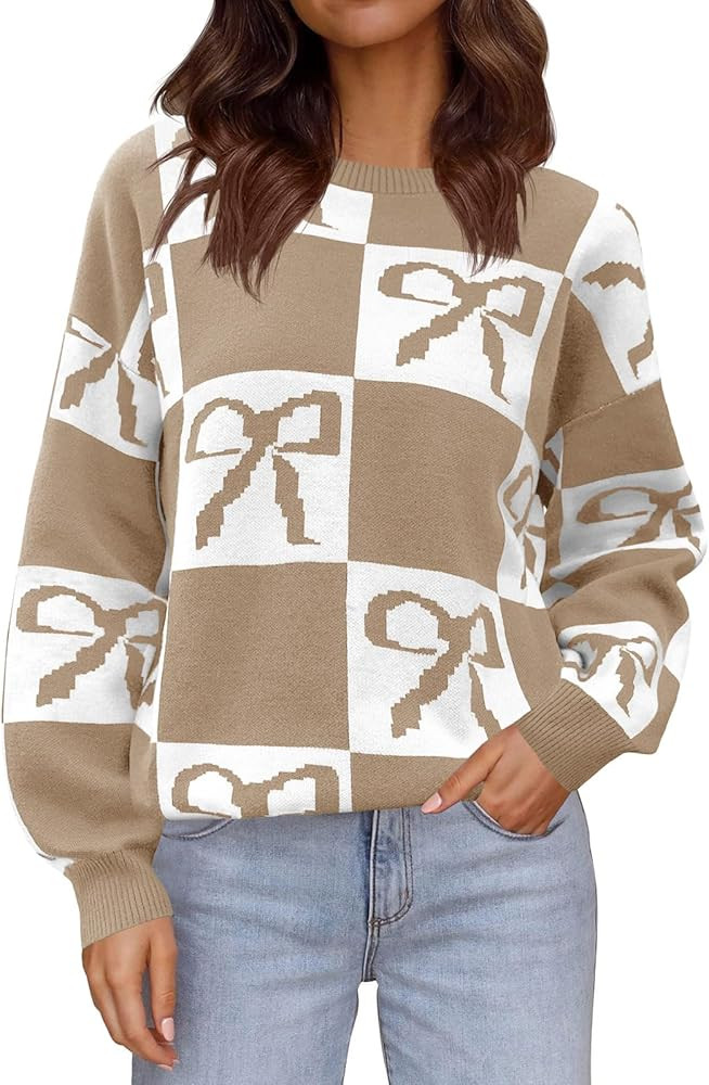 Saodimallsu Womens Color Block Bow Sweater Oversized Crewneck Long Sleeve Knit Warm Pullover Tops | Amazon (US)