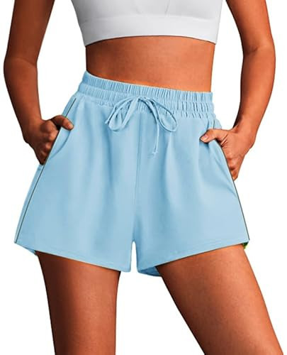 PINSPARK Running Shorts for Women Quick Dry Athletic Short Elastic High Waisted Active Wear with Zip Pockets, Baby Blue, XX-Large | Amazon (US)