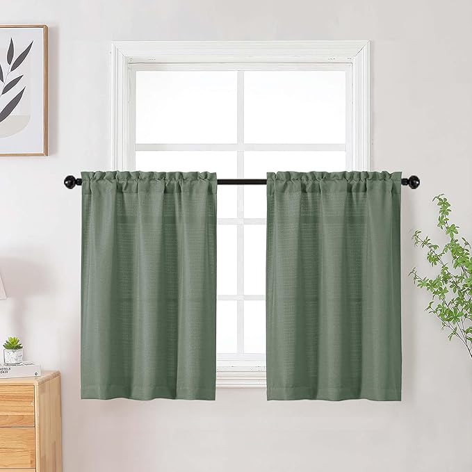 Sage Green Short Curtains Tier 30 Inch Length 2 Panels Set, Faux Linen Textured Small Kitchen Cur... | Amazon (US)
