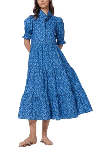 D-Sun Women Floral V-Neck Maxi Dress Button Down Printed Short Puff Sleeve Tiered Collared Flowy ... | Amazon (US)