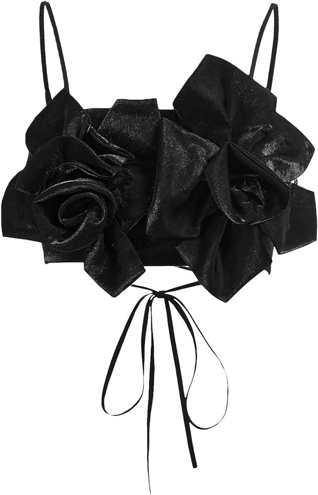 Floerns Women's Lace Up Tie Back 3D Floral Appliques Cami Crop Top Club Party | Amazon (US)