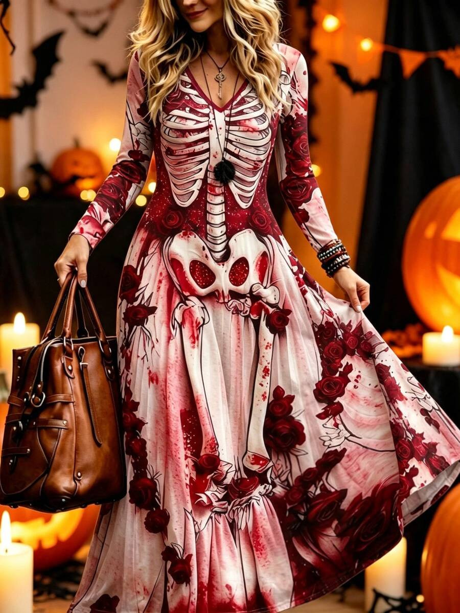 Breezaya Plus Size Women's Halloween Gothic Witchy Skeleton Rose Print Long Sleeve Maxi A-Line Dress,Casual Spooky Season Bloody Costume Party Outfits Fall | SHEIN