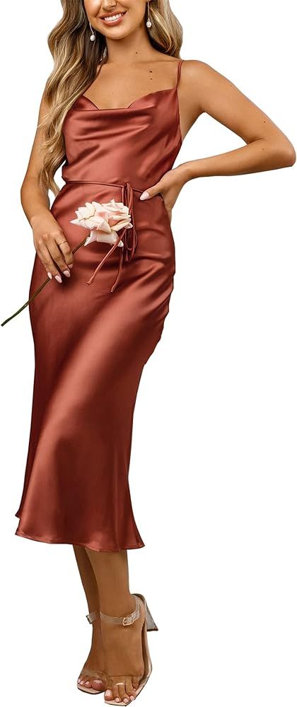 Women's Sleeveless Spaghetti Strap Satin Wedding Guest Party Dress Cocktail Evening Cowl Neck Backle | Amazon (US)