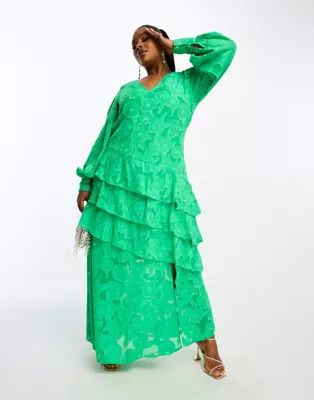 Pretty Lavish Curve asymmetric frill jacquard maxi dress in green | ASOS | ASOS (Global)
