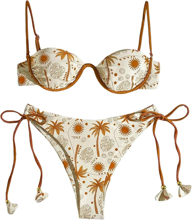 Women's 2 Piece Tropical Underwire Bathing Suit Spaghetti Strap Push Up Swimsuit Boho Bikini Sets | Amazon (US)