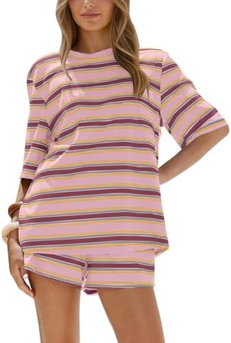 Burtell Summer Striped 2 Piece Short Sets For Women Casual Oversized T Shirts Wide Leg Shorts Mat... | Amazon (US)