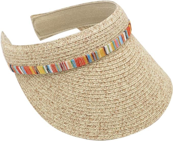 Krono Krown Women's Clip On Visor Packable Short Brim Summer Beach Sun Hat w/Color Strap - Paper ... | Amazon (US)
