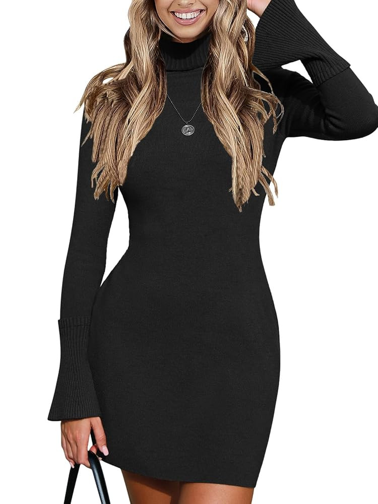 EXLURA Women Sweater Dress Fall Winter Bell Long Sleeve Mini Dresses Turtleneck Pullover Ribbed K... | Amazon (US)