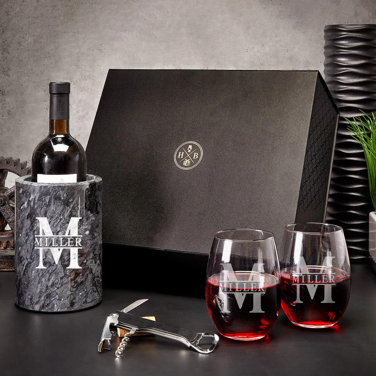 Engraved Wine Chiller Marble with Stemless Wine Glasses Set - 5pc | HomeWetBar.com