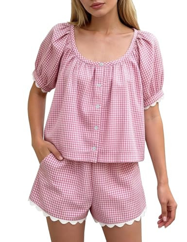 Rousytn Womens Gingham Two Piece Sets Summer Matching Short Set Cotton Pjs Puff Sleeve Scalloped Hem Loungewear (Pink-L) | Amazon (US)